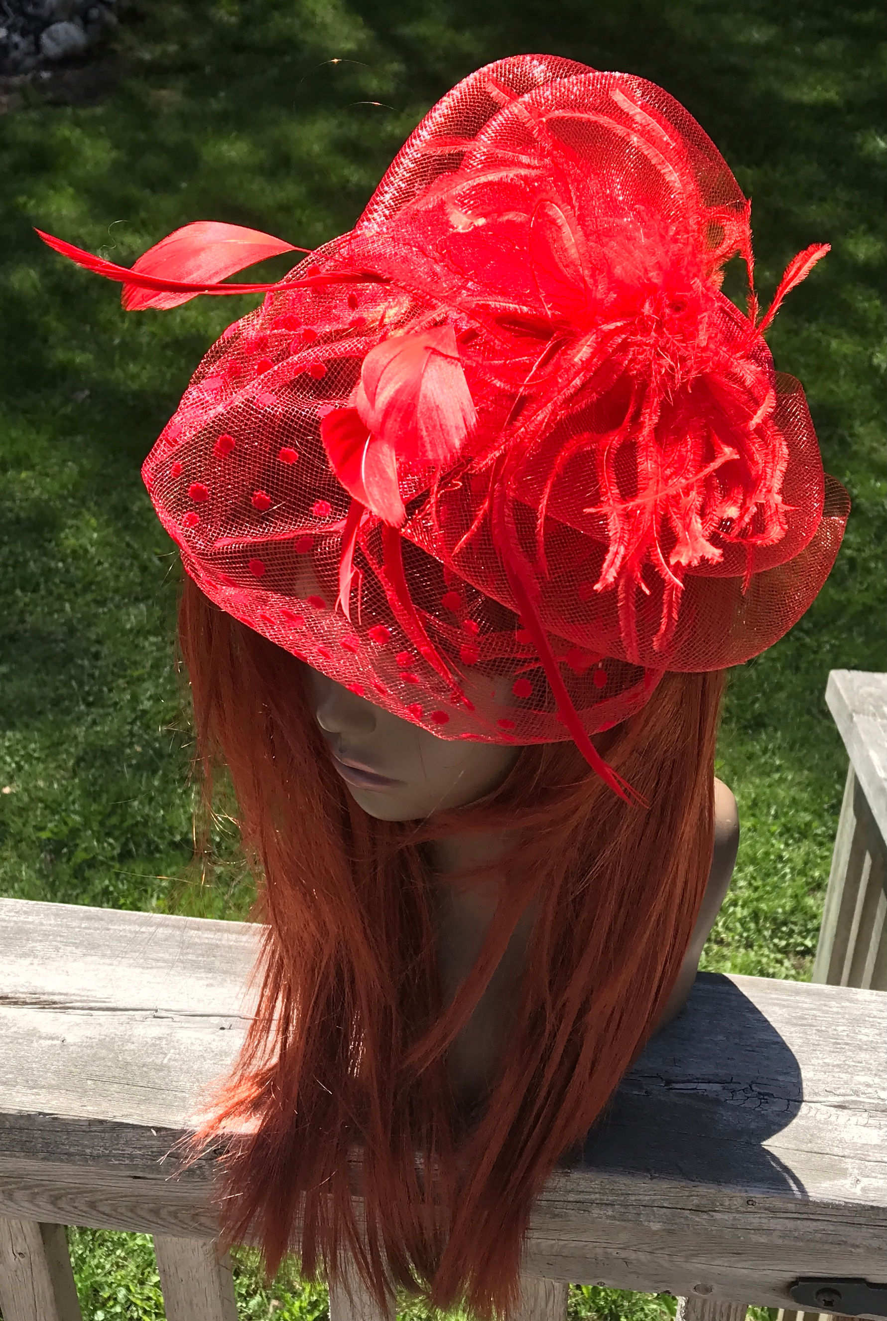 Red Pillbox Style Fancy Fascinator with Feathers and Birdcage Clip and Headband