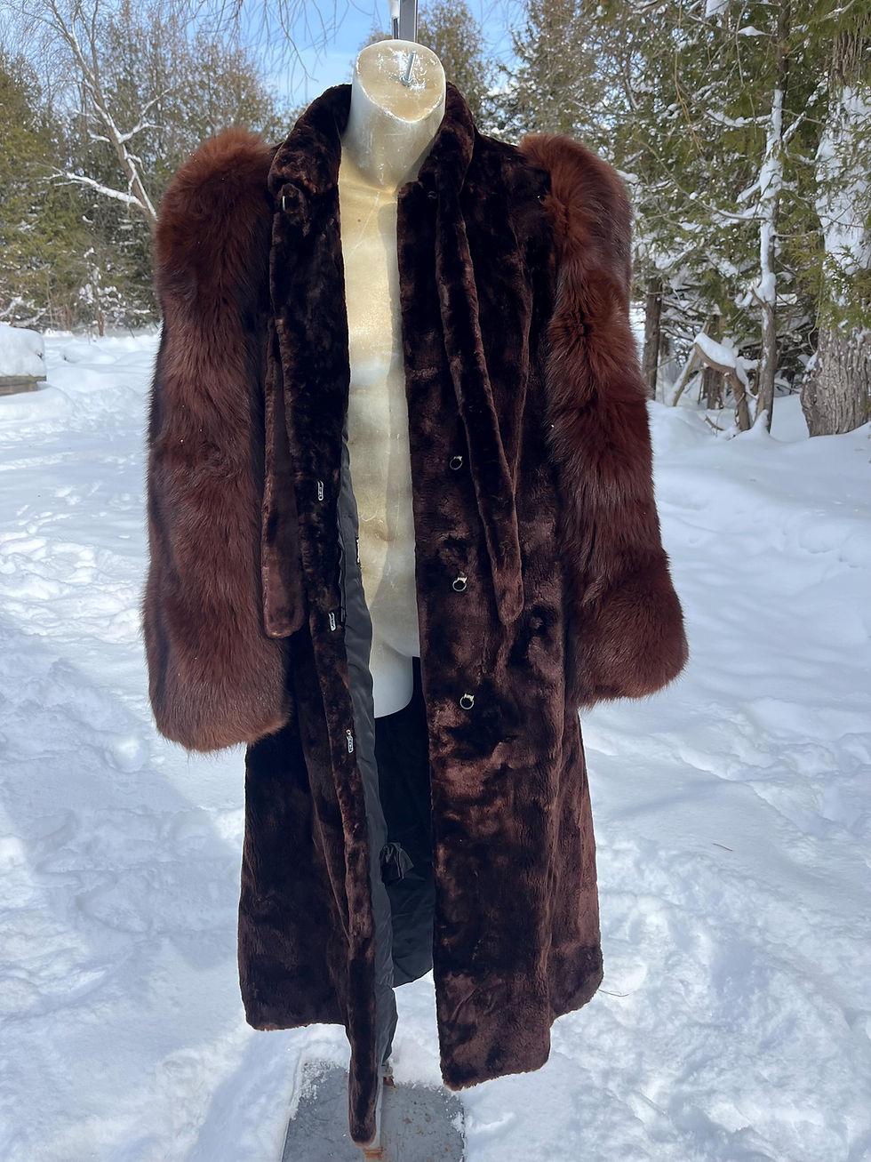 Vintage Brown Sheared Mink Fur with Brown Fox Sleeves Full Length Coat