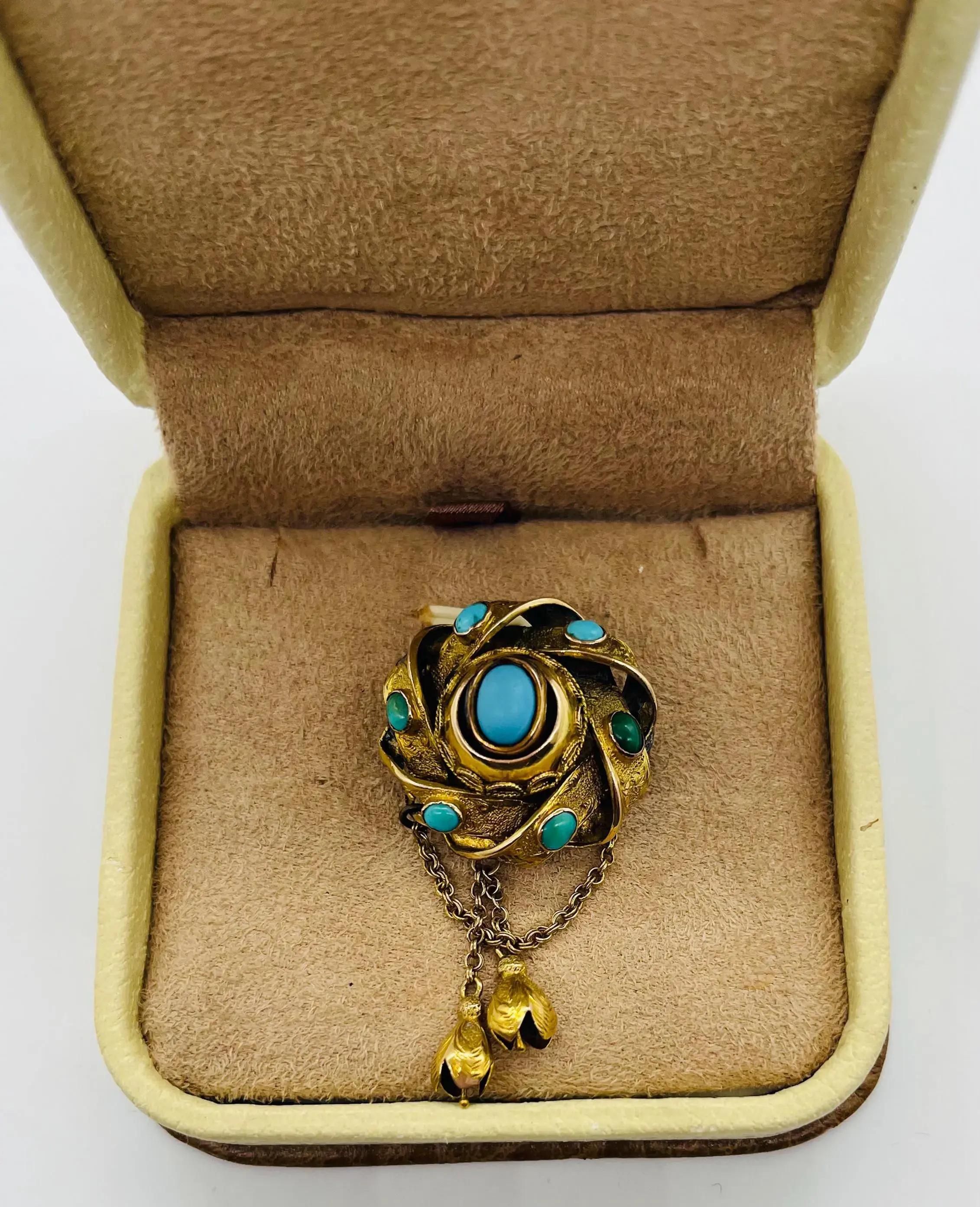 Antique Handmade 14K Yellow Gold and Turquoise Circular Shape Fob Design Brooch