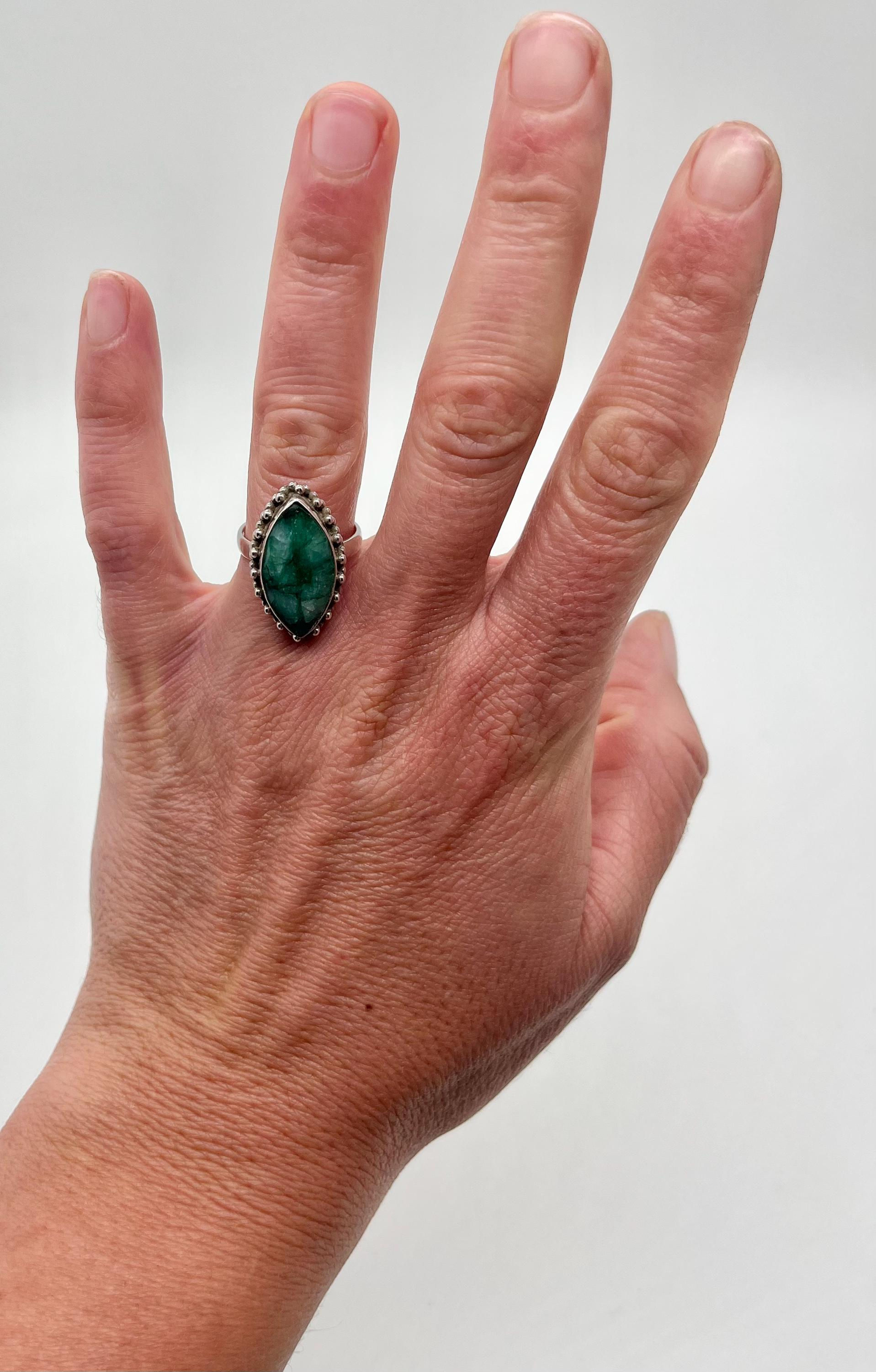 Marquise Shape Green Beryl and Silver Ring Size 7