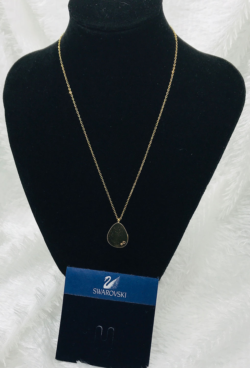 Thumbnail: Vintage Swarovski Gold Tone Necklace with Pear Shape Faceted Crystal Pendant
