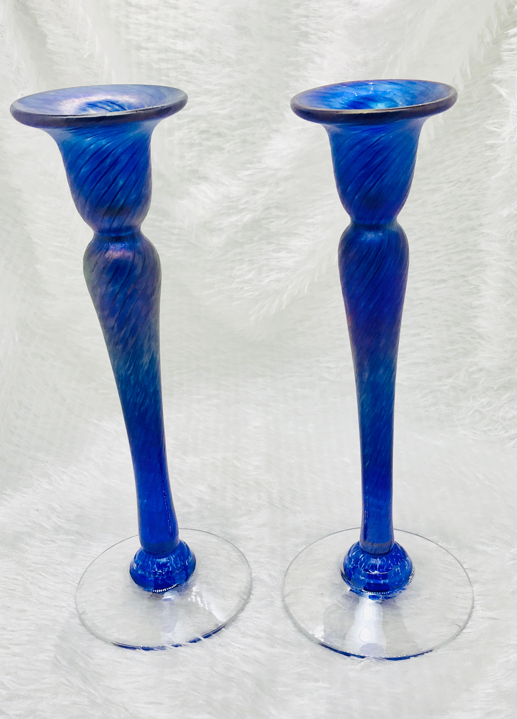 Robert Held Art Glass Cobalt Blue with Feather Design Short Candlesticks