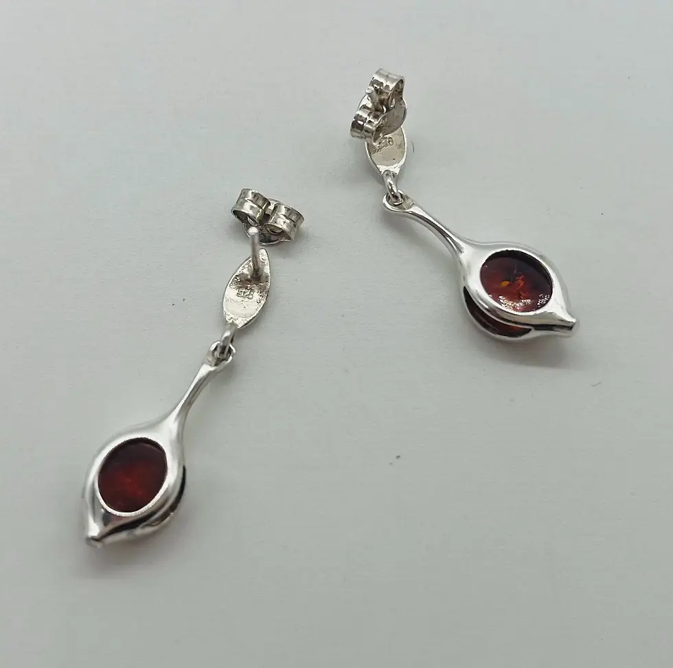 Thumbnail: Genuine Natural Cognac Baltic Amber with Simple Silver Design Drop Earrings