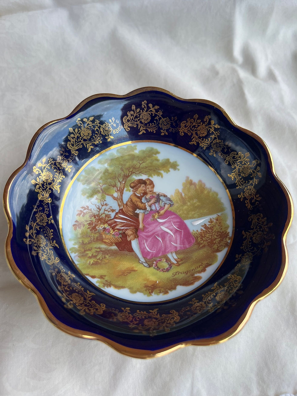 Thumbnail: Vintage Small Limoges France Porcelain Cobalt Blue and Gold Floral Romantic Dish