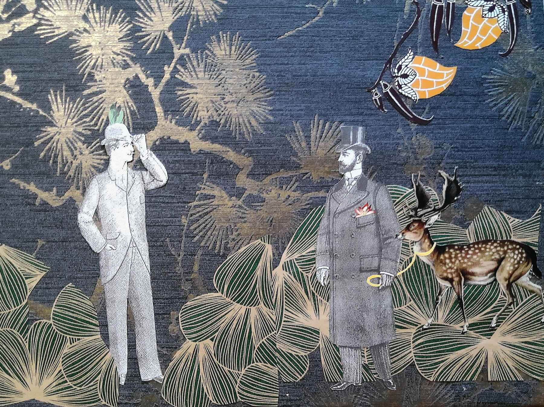 La promenade, collage-découpage original de Marie avec personnages et végétaux – Atelier-Galerie Les 3 Koïs