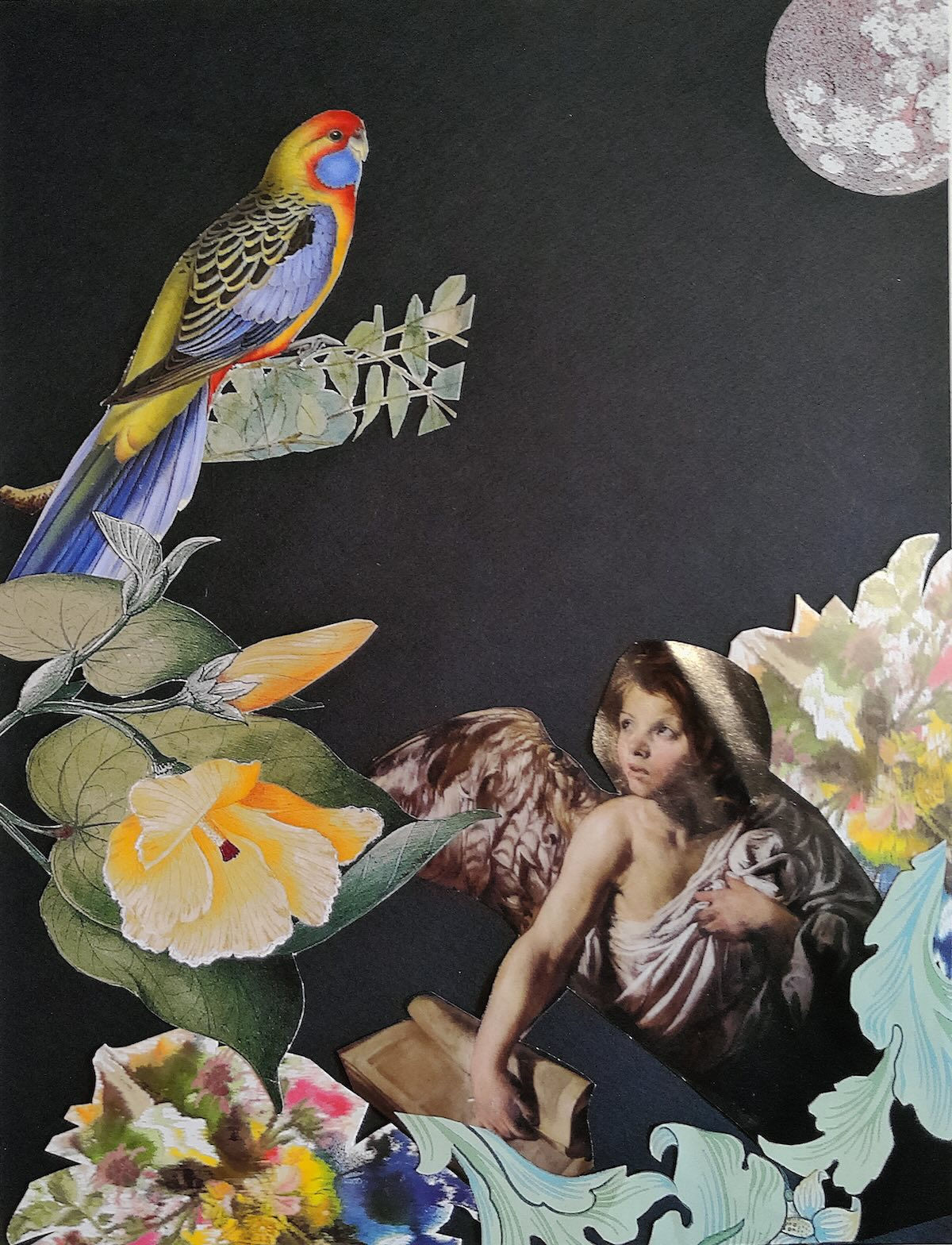 Gabriel, collage-découpage original de Marie avec oiseau et végétaux – Atelier-Galerie Les 3 Koïs