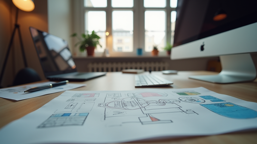 Eye-level view of a modern graphic design studio workspace with computer and sketches