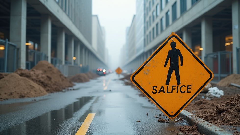 Eye-level view of a construction site with safety signage