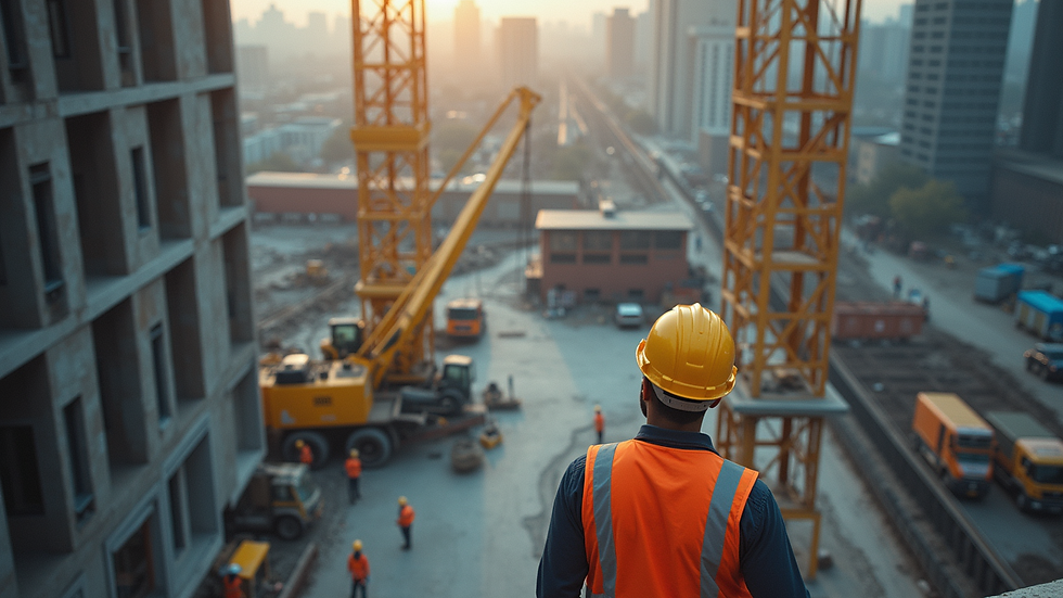High angle view of a construction site with workers wearing safety gear