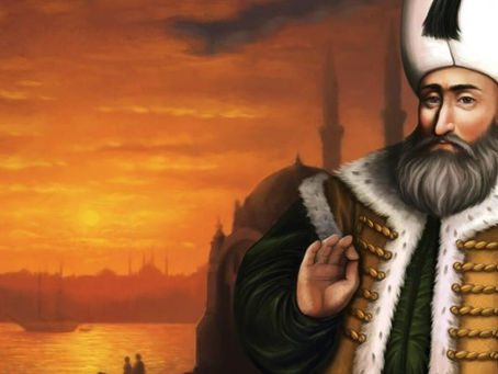 Ottoman figure in traditional attire stands with a serene expression. Background shows an orange sunset over a city skyline with minarets.