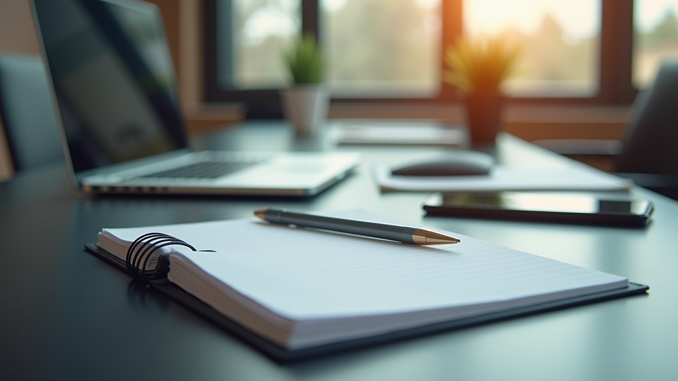 Vue en plongée d'un bureau avec un cahier, un ordinateur et un smartphone