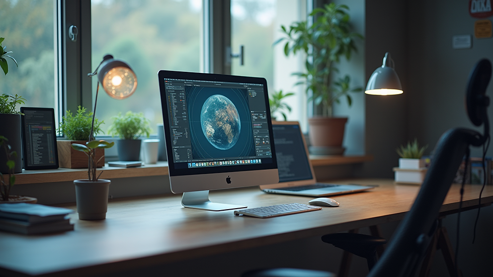 Vue en plongée d’un bureau avec un ordinateur affichant une application de visioconférence