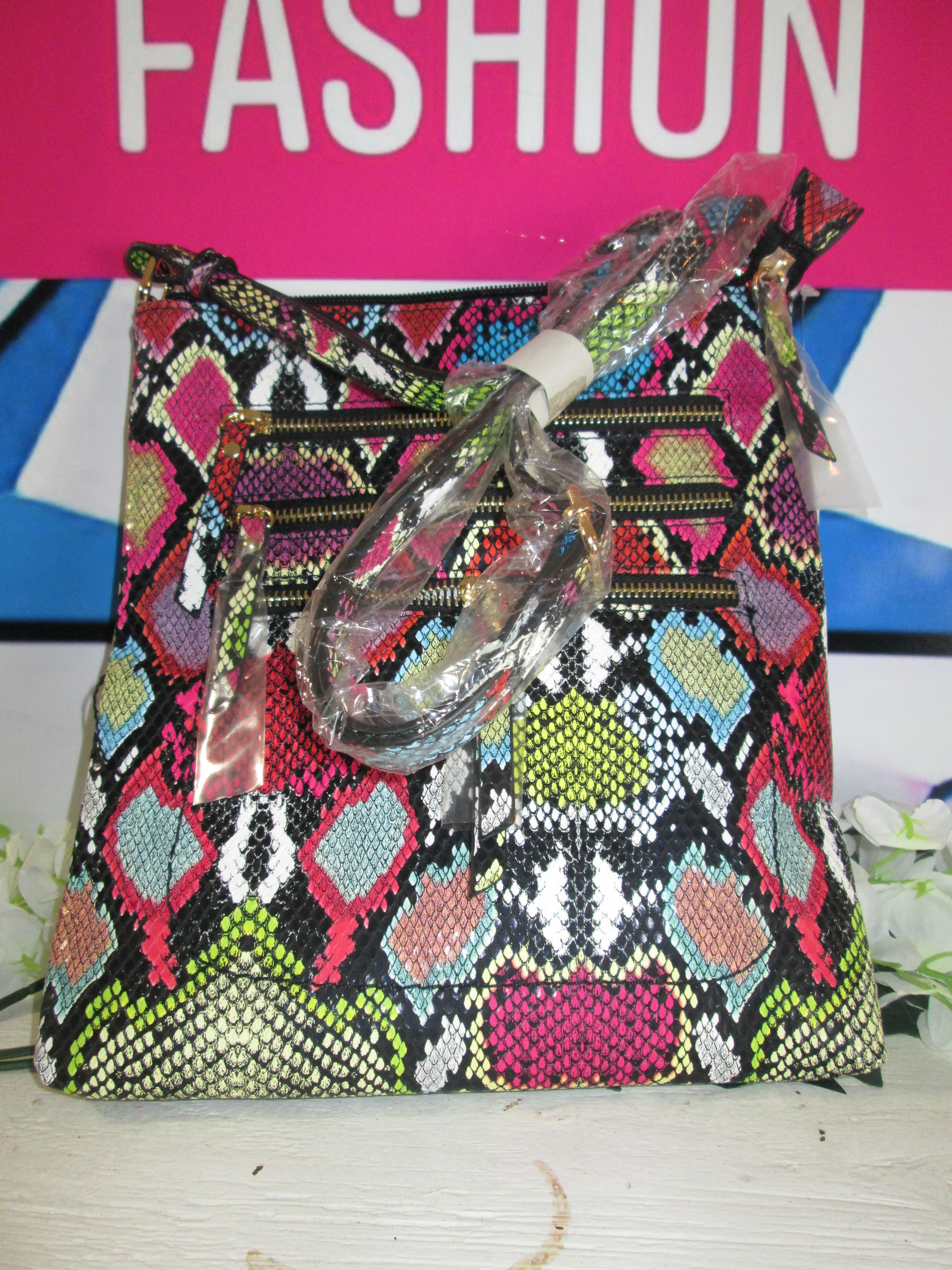 Multi  Color Snake Skin Print Handbag