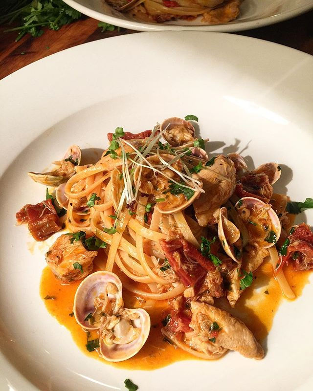 Chicken, Clam and Crab Linguine with Sundried Tomatoes and Chorizo