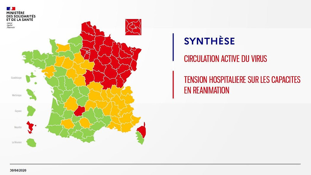 carte des départements confinement Covid19. Indicateurs : circulation virus, tension hospitalière