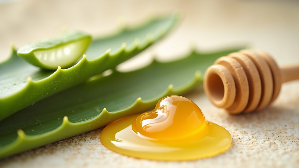 Close-up view of a variety of natural skincare ingredients including aloe vera, honey, and coconut oil