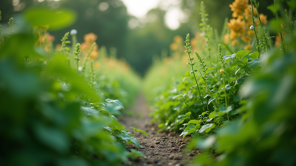 Eye-level view of a lush green garden with diverse plants