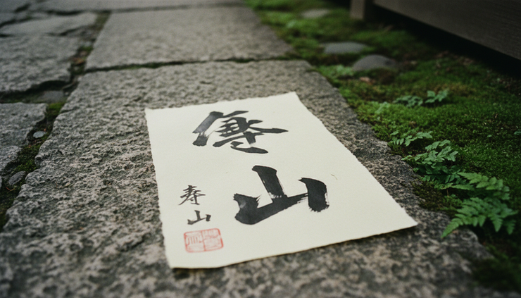 Close-up of a Japanese calligraphy sheet resting on rough stone.