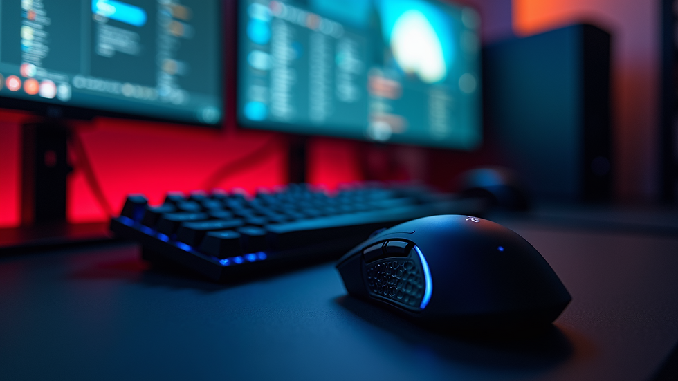Eye-level view of a gaming setup with a keyboard and mouse