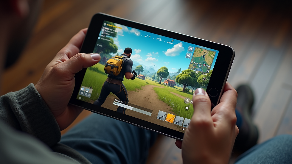 High angle view of a tablet showing a battle royale game screen