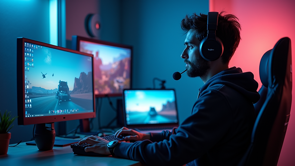 Eye-level view of a gamer in an immersive gaming setup