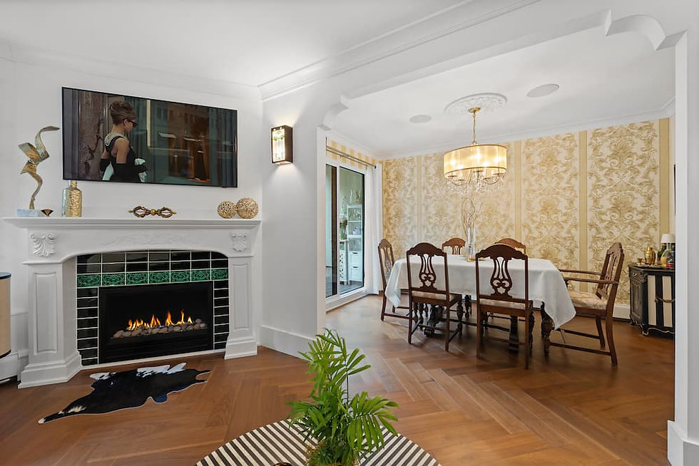 A craftsman style dining room and green fireplace