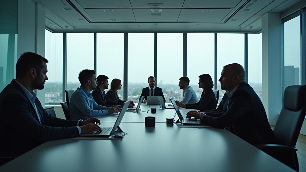 Vue en plongée d’une salle de réunion avec des experts discutant autour d’un ordinateur