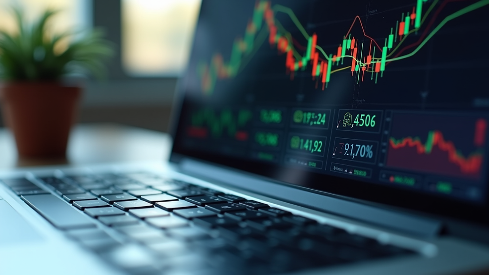 Close-up view of a laptop screen showing financial charts and graphs