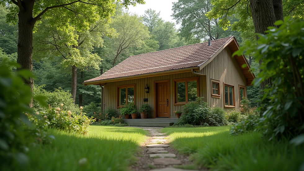 Eye-level view of a cozy bungalow surrounded by lush greenery