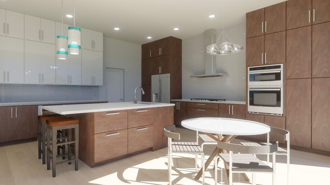 Modern house interior: features spacious eat-in kitchen with wood tone cabinets and island with seating.