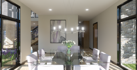 Elegant contemporary dining room with glass table, huge windows and lavender accents.