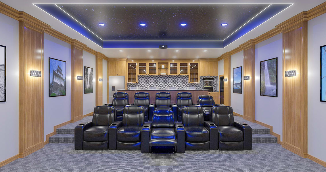 Rendering of Theater Room, featuring reclining seating, custom kitchenette/bar and simulated starry sky ceiling.