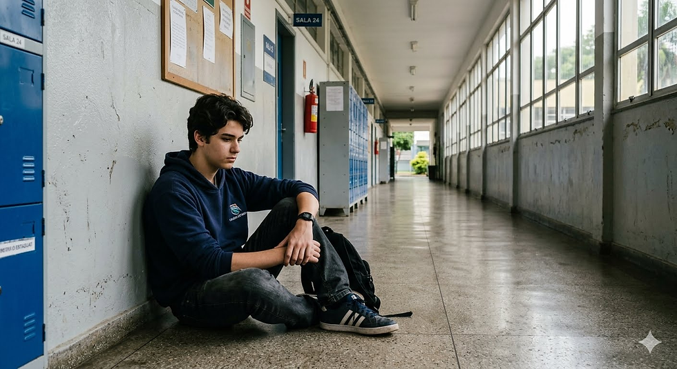 Grupo de adolescentes conectados digitalmente enquanto um jovem permanece isolado socialmente