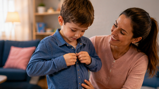 Mãe sorridente ajuda menino a abotoar camisa azul em sala aconchegante, com sofá e luz quente.