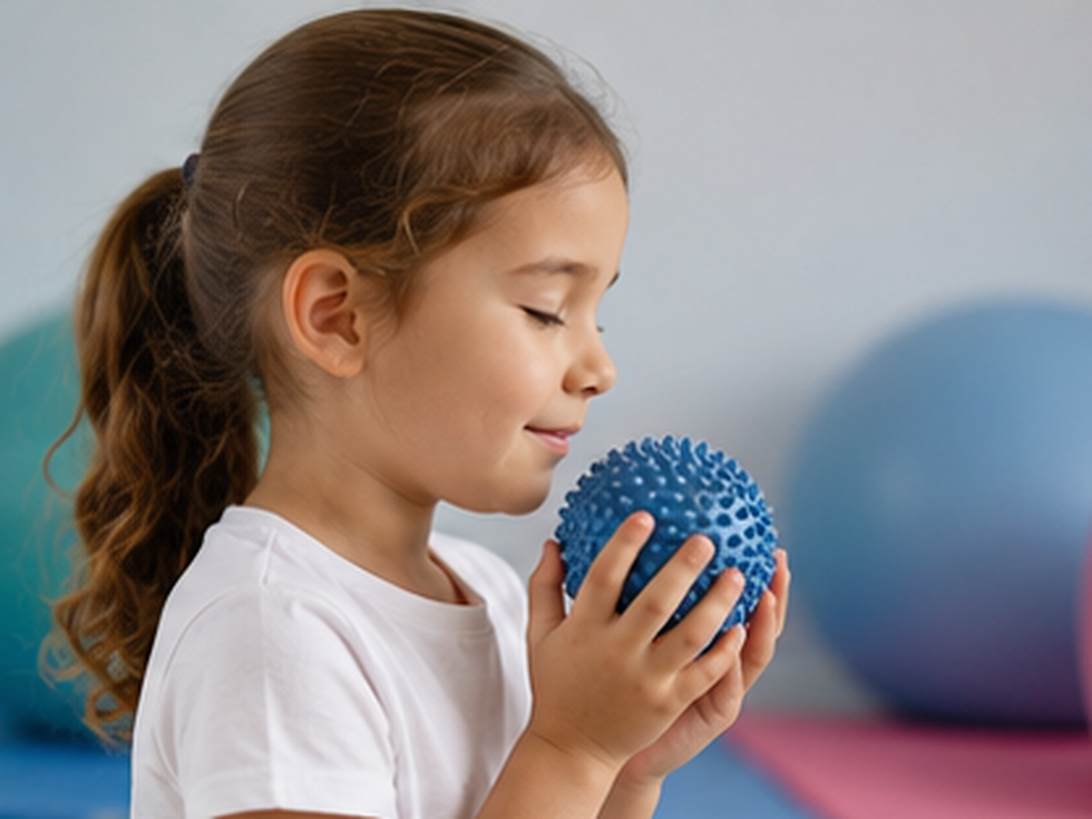 Criança explorando uma bola sensorial em ambiente terapêutico