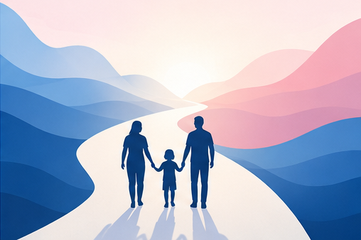 Silhueta de família de três de mãos dadas caminhando por trilha branca entre colinas onduladas azuis e rosas.