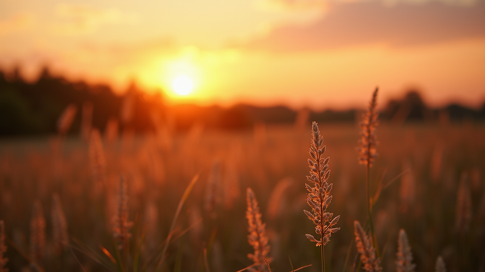 Close-up view of a serene landscape with a sunrise