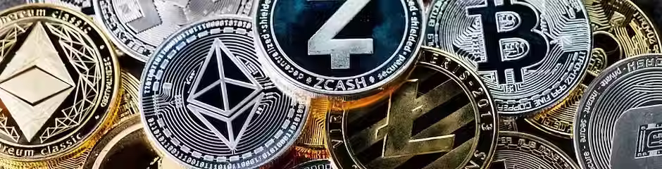 cryptocurrencies image of coins with crypto logos on coin