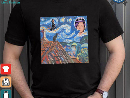 Halloween Starry Night Kamala Harris Witch Black Cat Comma La Van Gogh art shirt