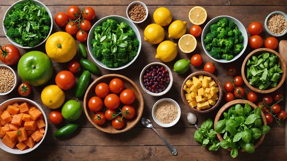 An array of colorful fresh ingredients on a wooden table ready for meal prep