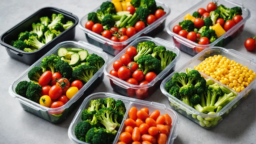 Colorful meal prep containers filled with fresh vegetables and proteins