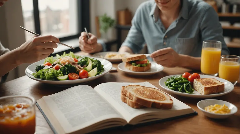 A person enjoying a healthy meal while reading a book