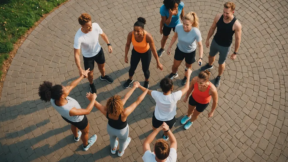 High angle view of a diverse group of friends exercising together outdoors