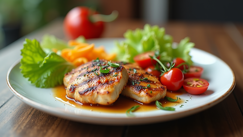 Eye-level view of a colorful plate filled with fresh vegetables and grilled chicken