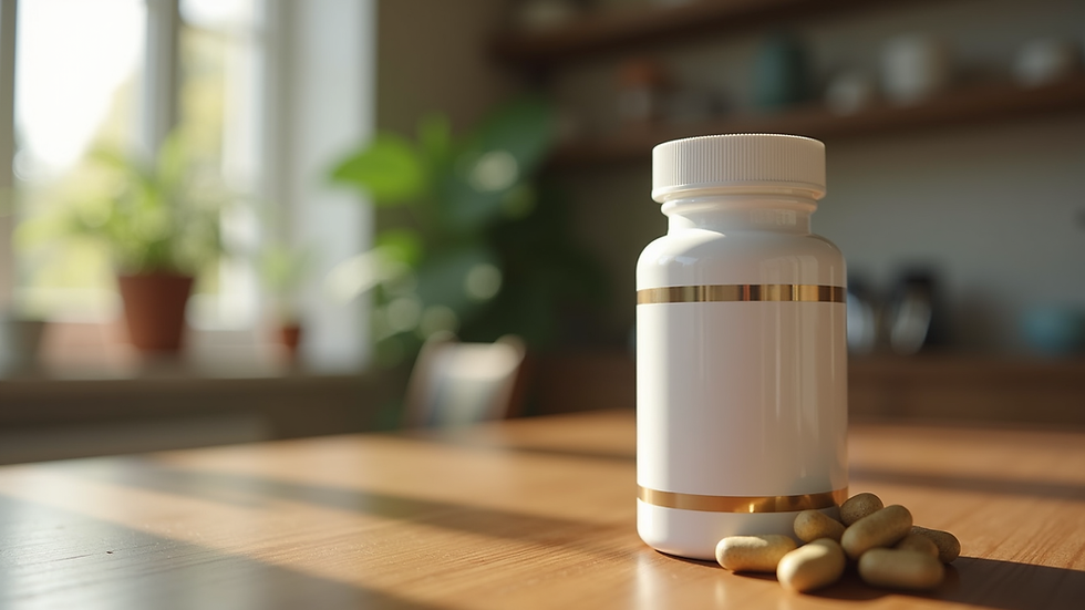 Close-up view of a bottle of natural weight loss supplements on a wooden table