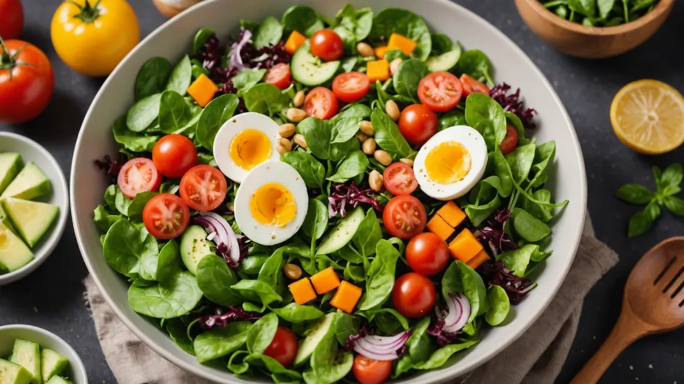 High angle view of a vibrant salad bowl with fresh ingredients