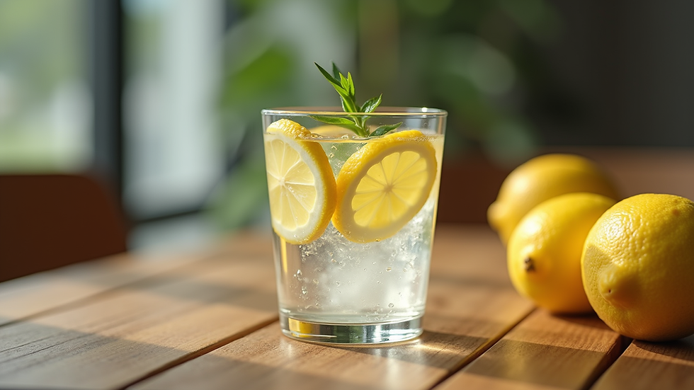 Close-up view of a glass of water with lemon slices on a wooden table