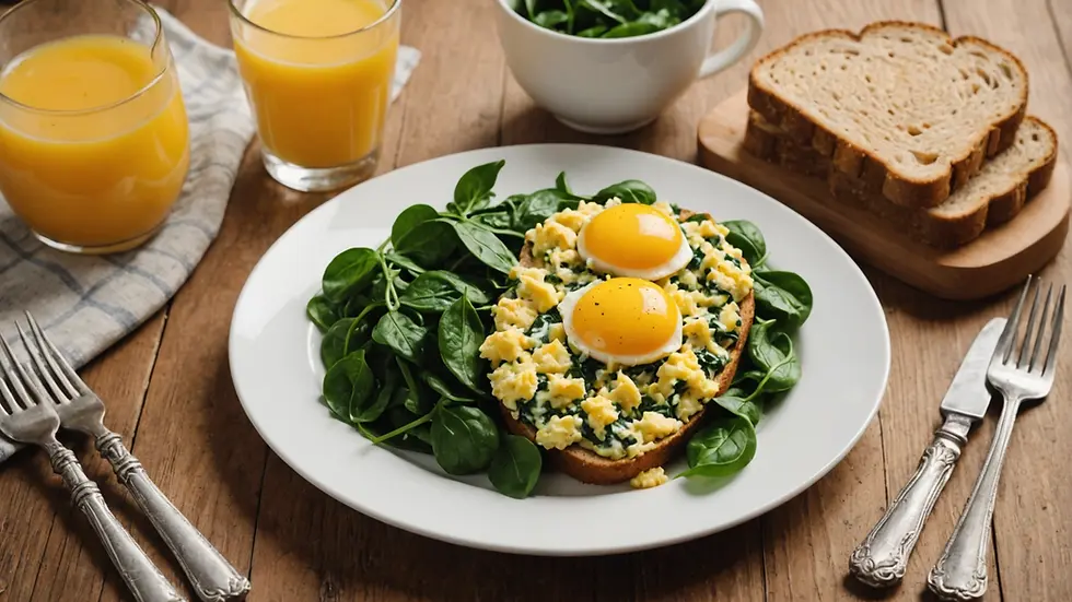 A delicious plate of scrambled eggs and spinach next to a slice of whole-wheat toast