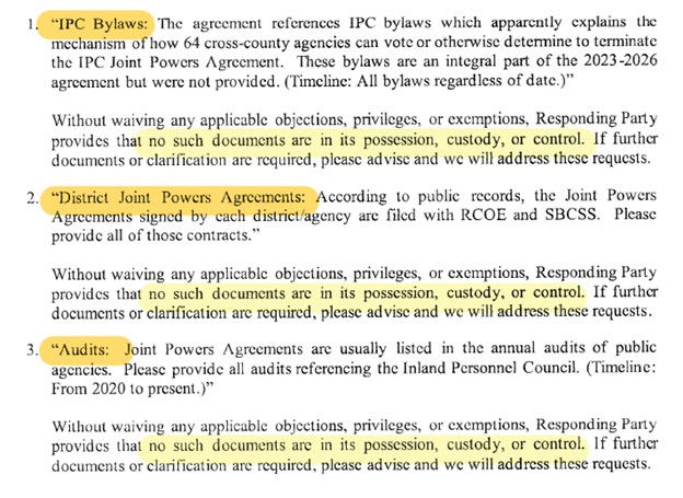 RCOE denies having IPC Bylaws, District Joint Powers Agreements and IPC Audit information in its "possession, custody or control."