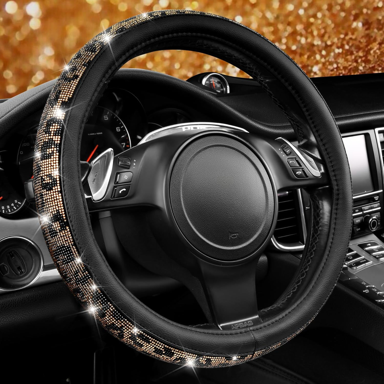CAR PASS Bling Silver Diamond Leather Steering Wheel Cover, with Sparkly Crysta